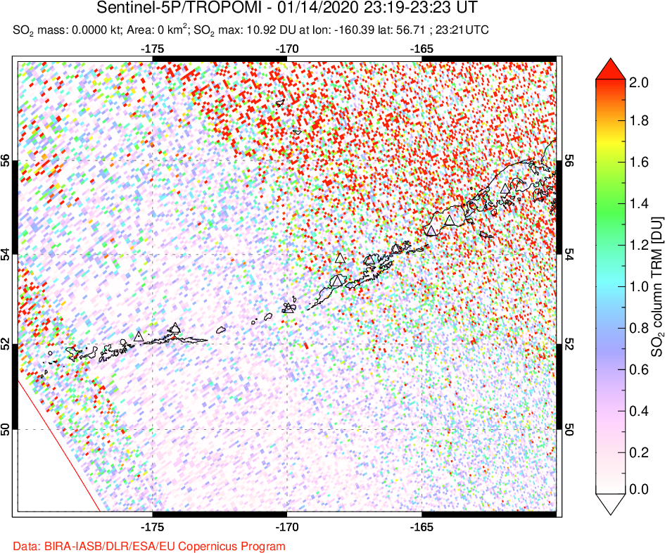 A sulfur dioxide image over Aleutian Islands, Alaska, USA on Jan 14, 2020.