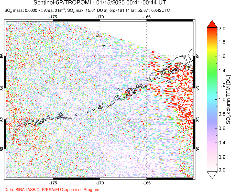 A sulfur dioxide image over Aleutian Islands, Alaska, USA on Jan 15, 2020.