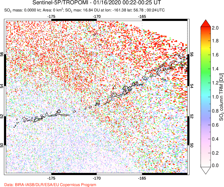 A sulfur dioxide image over Aleutian Islands, Alaska, USA on Jan 16, 2020.