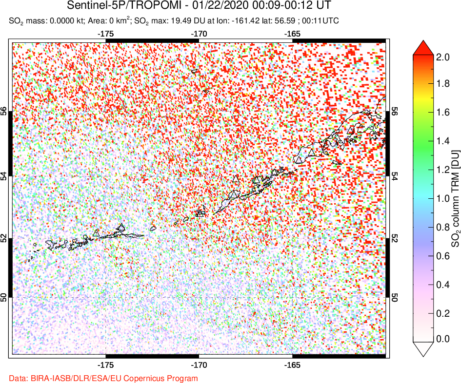 A sulfur dioxide image over Aleutian Islands, Alaska, USA on Jan 22, 2020.