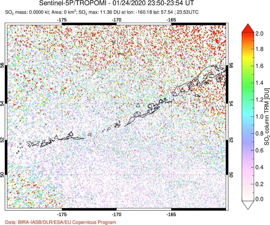 A sulfur dioxide image over Aleutian Islands, Alaska, USA on Jan 24, 2020.
