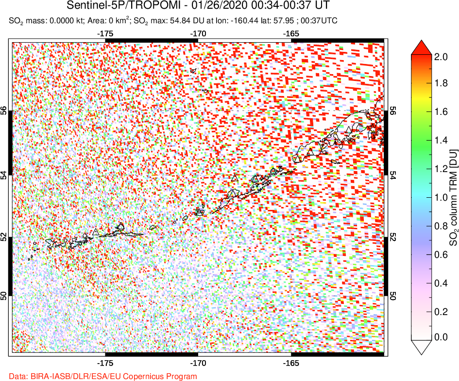 A sulfur dioxide image over Aleutian Islands, Alaska, USA on Jan 26, 2020.