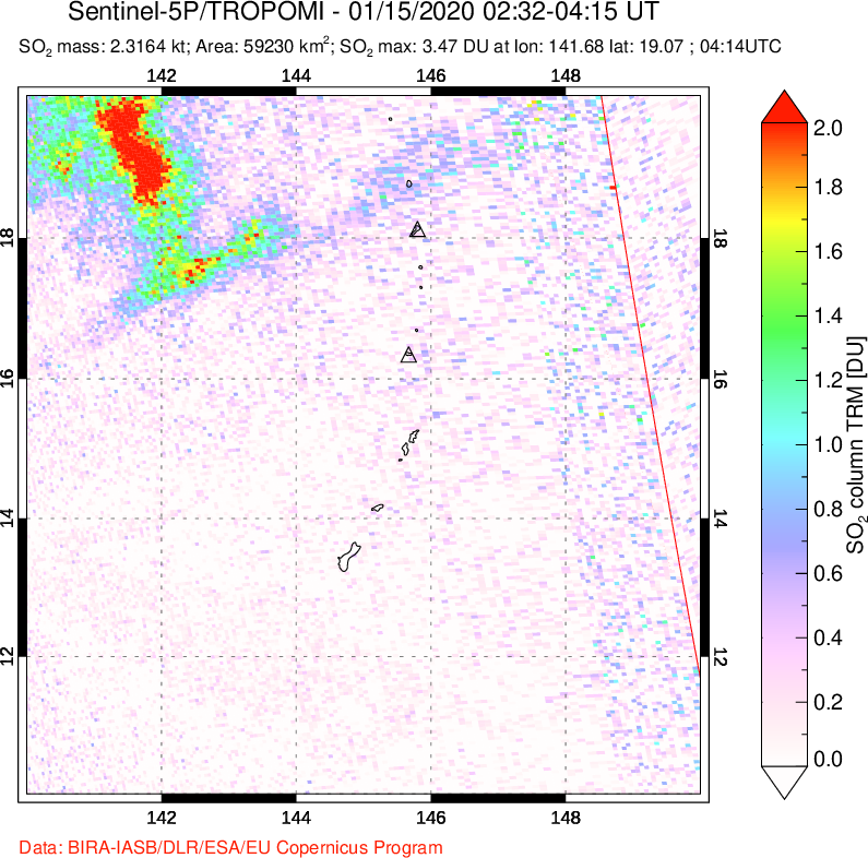 A sulfur dioxide image over Anatahan, Mariana Islands on Jan 15, 2020.