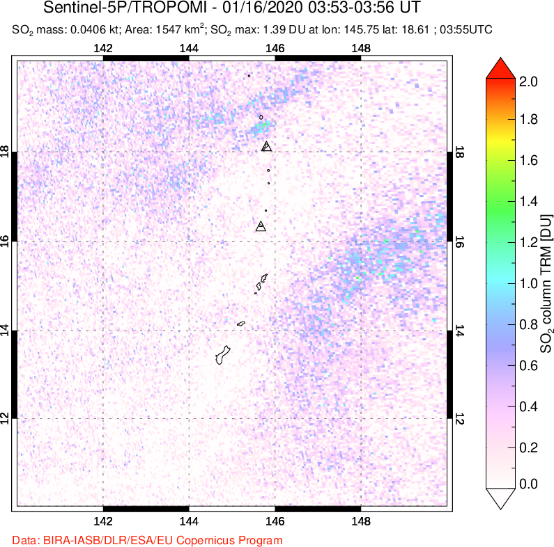 A sulfur dioxide image over Anatahan, Mariana Islands on Jan 16, 2020.
