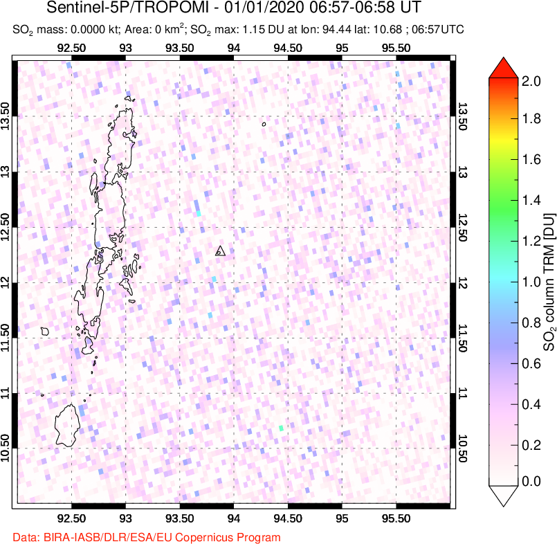 A sulfur dioxide image over Andaman Islands, Indian Ocean on Jan 01, 2020.
