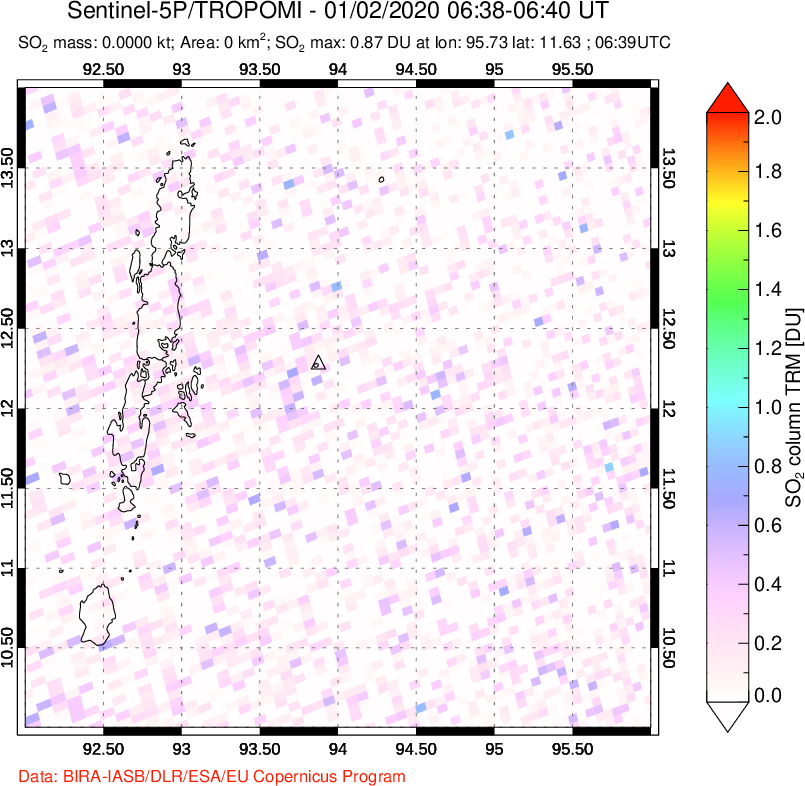 A sulfur dioxide image over Andaman Islands, Indian Ocean on Jan 02, 2020.