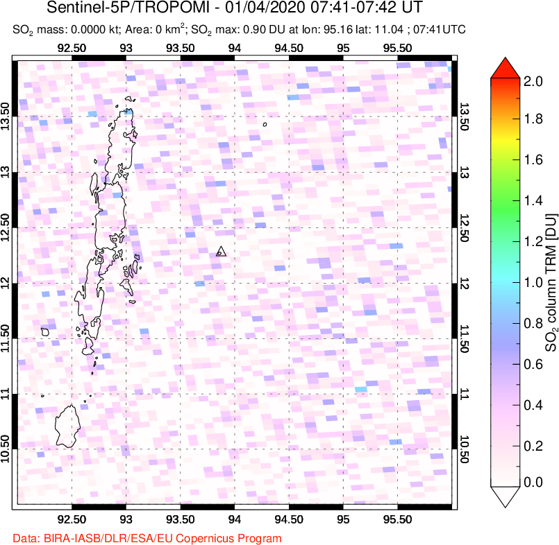 A sulfur dioxide image over Andaman Islands, Indian Ocean on Jan 04, 2020.