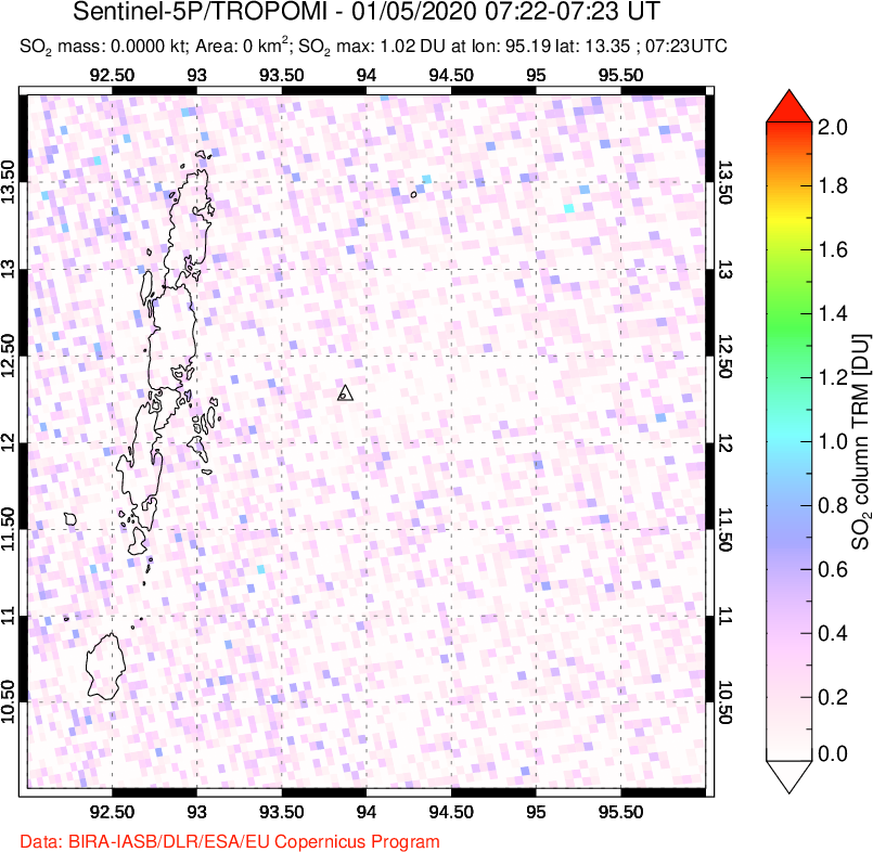 A sulfur dioxide image over Andaman Islands, Indian Ocean on Jan 05, 2020.