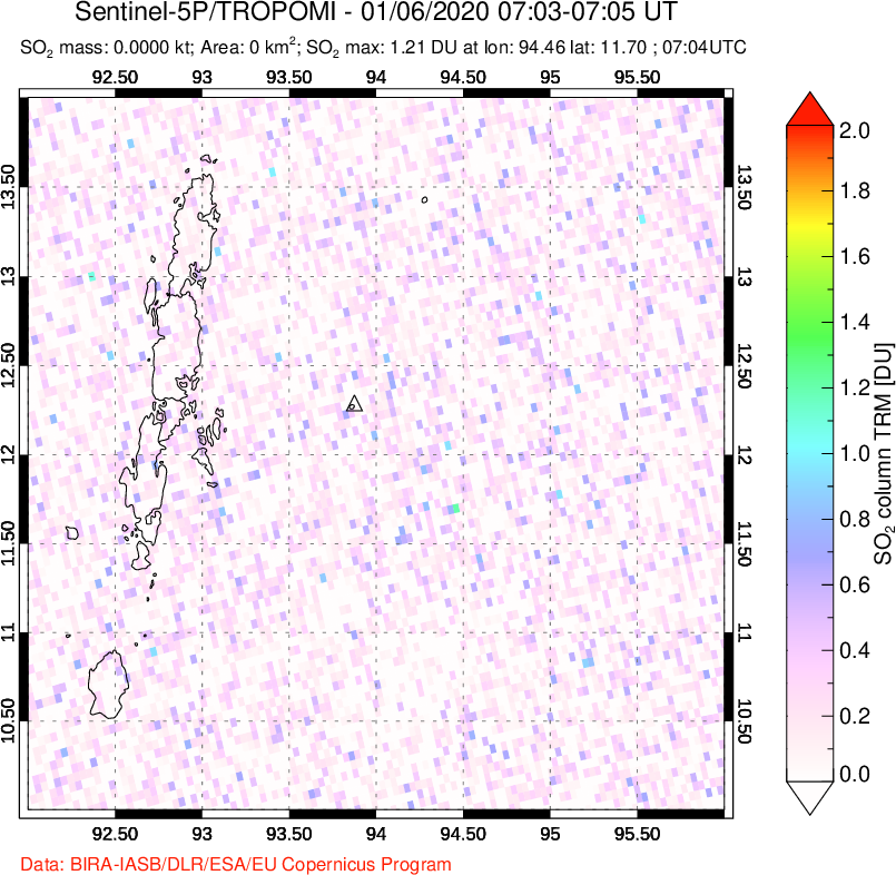 A sulfur dioxide image over Andaman Islands, Indian Ocean on Jan 06, 2020.
