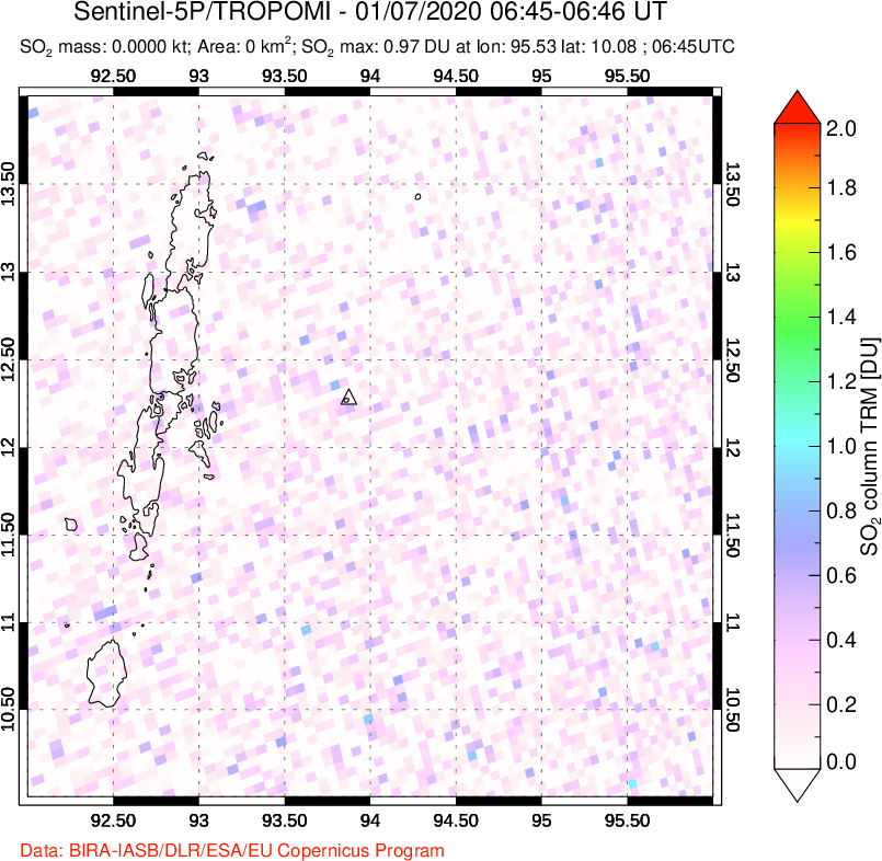 A sulfur dioxide image over Andaman Islands, Indian Ocean on Jan 07, 2020.