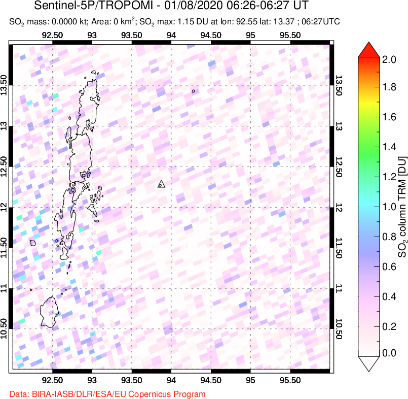 A sulfur dioxide image over Andaman Islands, Indian Ocean on Jan 08, 2020.