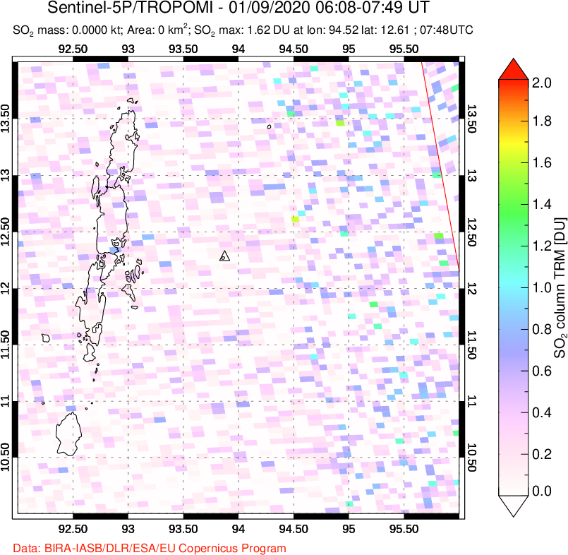 A sulfur dioxide image over Andaman Islands, Indian Ocean on Jan 09, 2020.