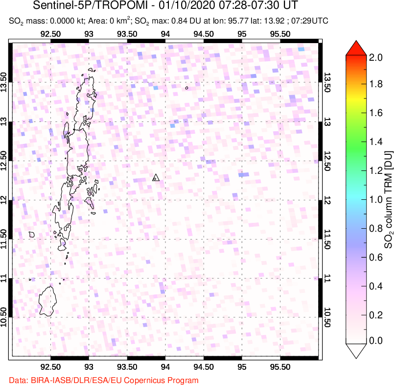 A sulfur dioxide image over Andaman Islands, Indian Ocean on Jan 10, 2020.