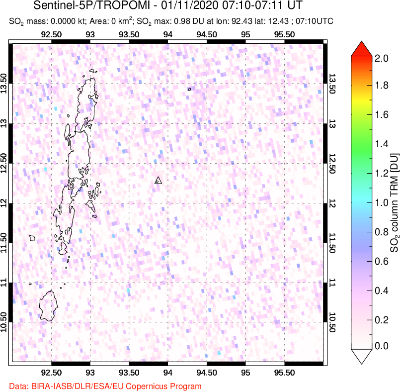 A sulfur dioxide image over Andaman Islands, Indian Ocean on Jan 11, 2020.