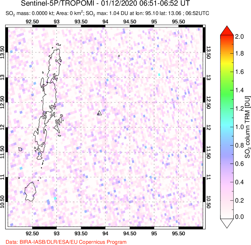 A sulfur dioxide image over Andaman Islands, Indian Ocean on Jan 12, 2020.