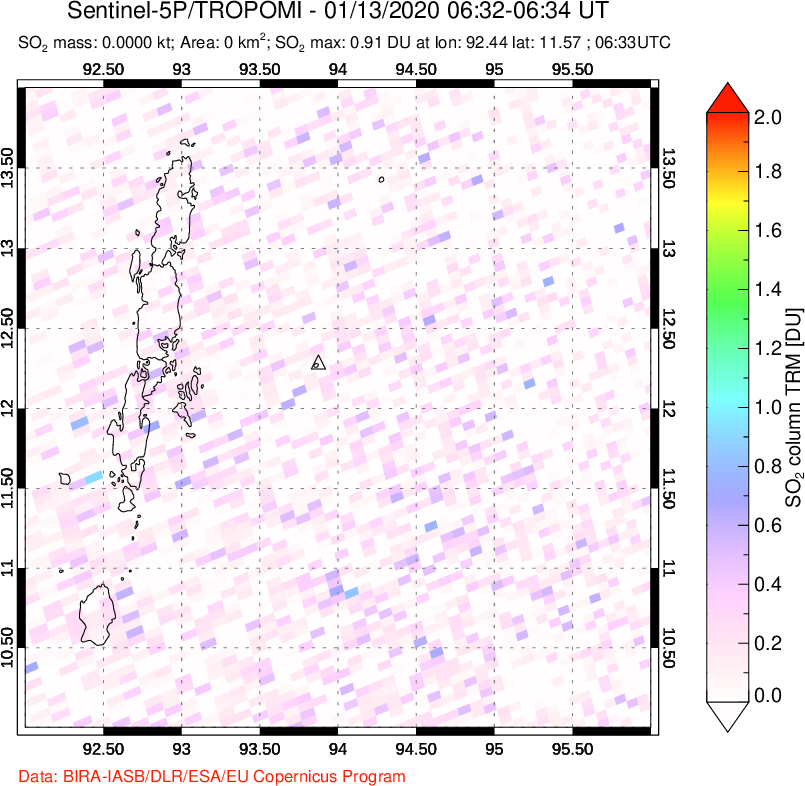 A sulfur dioxide image over Andaman Islands, Indian Ocean on Jan 13, 2020.