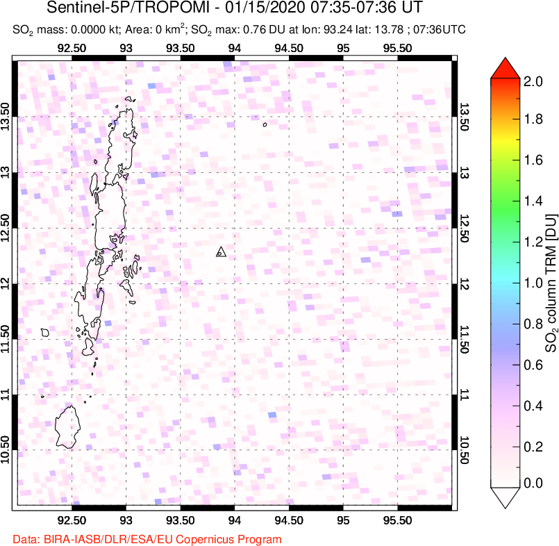 A sulfur dioxide image over Andaman Islands, Indian Ocean on Jan 15, 2020.