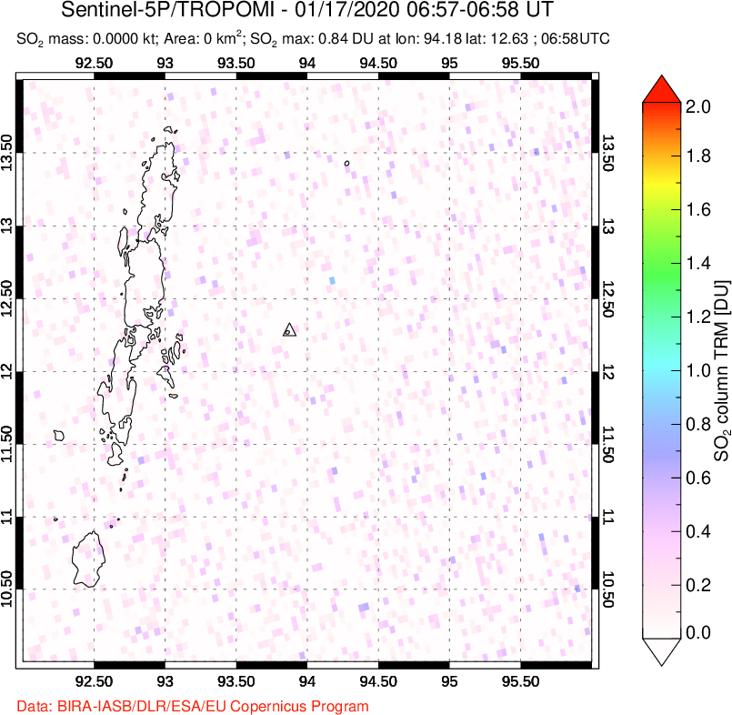 A sulfur dioxide image over Andaman Islands, Indian Ocean on Jan 17, 2020.