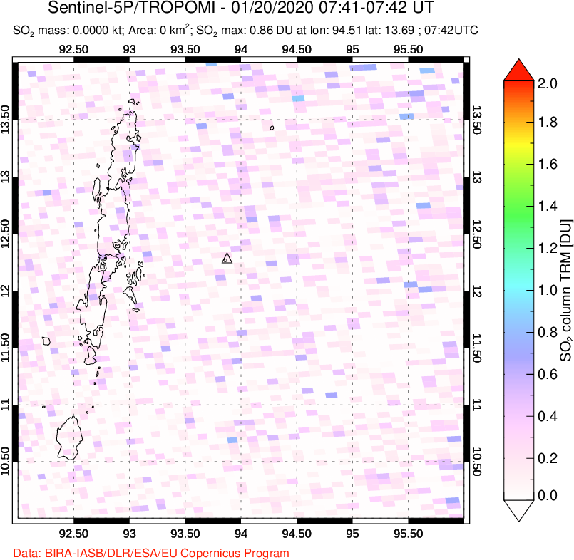 A sulfur dioxide image over Andaman Islands, Indian Ocean on Jan 20, 2020.