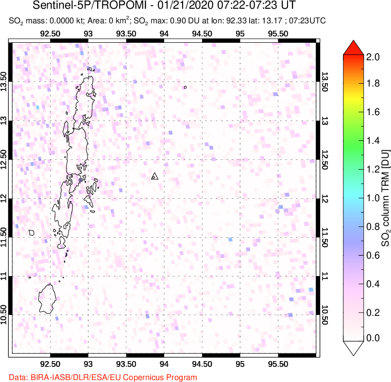 A sulfur dioxide image over Andaman Islands, Indian Ocean on Jan 21, 2020.