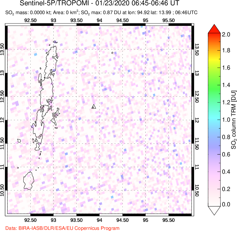 A sulfur dioxide image over Andaman Islands, Indian Ocean on Jan 23, 2020.