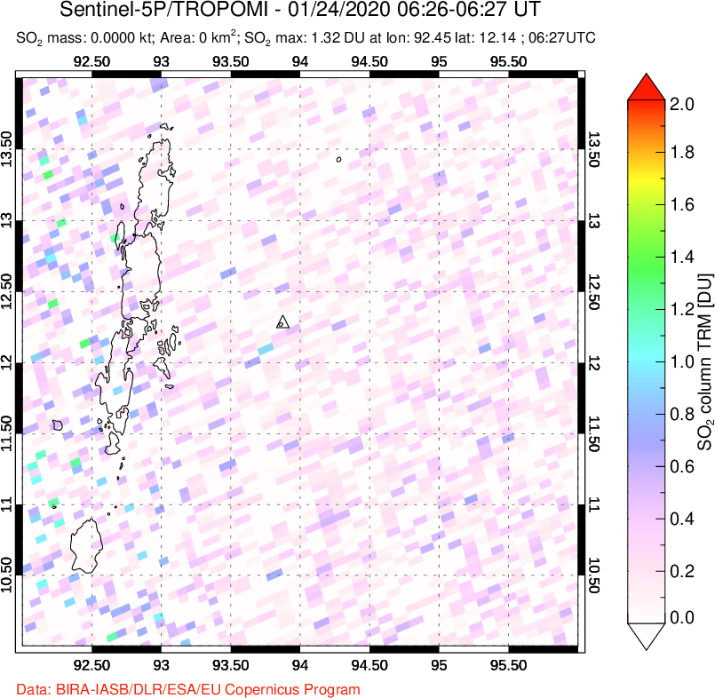 A sulfur dioxide image over Andaman Islands, Indian Ocean on Jan 24, 2020.