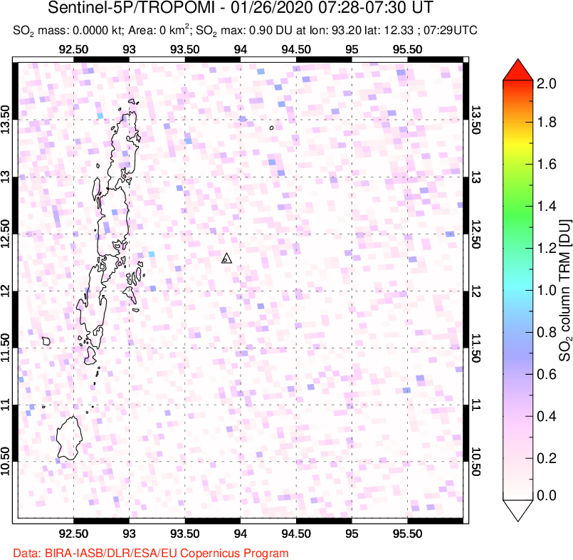 A sulfur dioxide image over Andaman Islands, Indian Ocean on Jan 26, 2020.