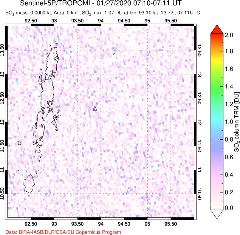 A sulfur dioxide image over Andaman Islands, Indian Ocean on Jan 27, 2020.