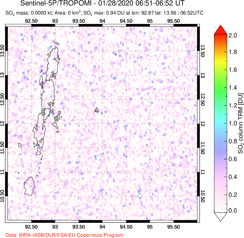 A sulfur dioxide image over Andaman Islands, Indian Ocean on Jan 28, 2020.
