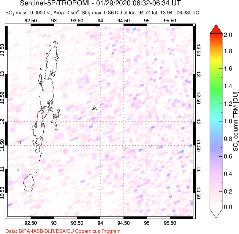 A sulfur dioxide image over Andaman Islands, Indian Ocean on Jan 29, 2020.