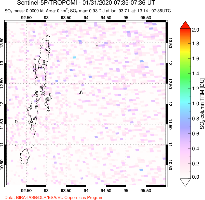 A sulfur dioxide image over Andaman Islands, Indian Ocean on Jan 31, 2020.
