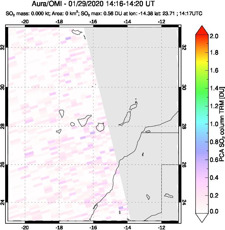 A sulfur dioxide image over Canary Islands on Jan 29, 2020.