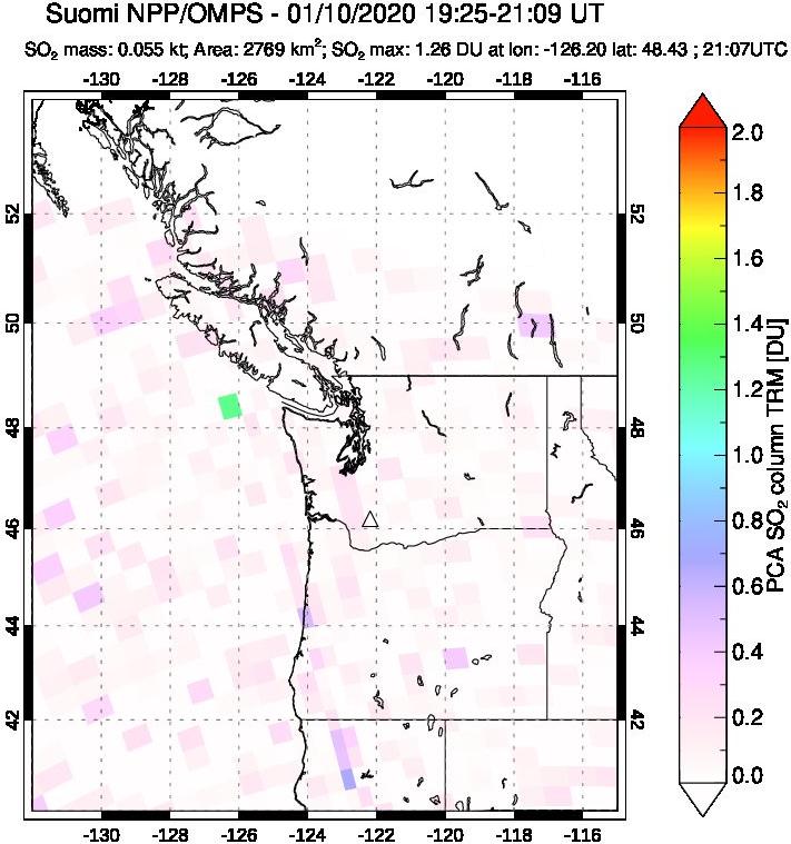 A sulfur dioxide image over Cascade Range, USA on Jan 10, 2020.