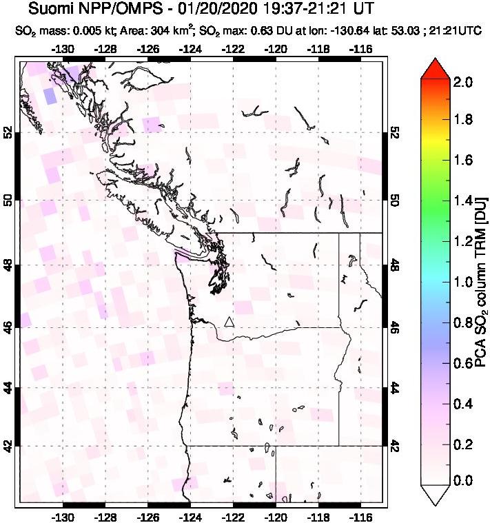 A sulfur dioxide image over Cascade Range, USA on Jan 20, 2020.