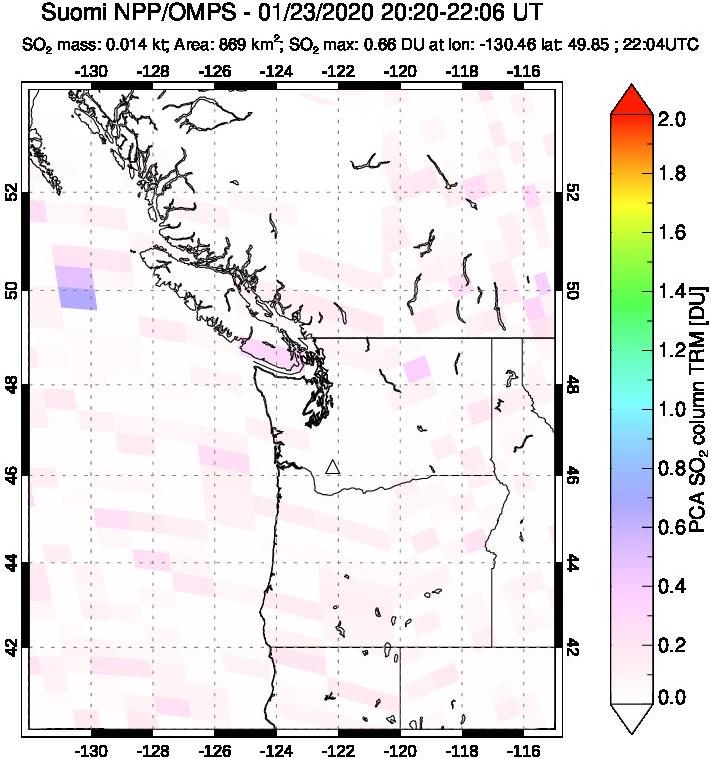 A sulfur dioxide image over Cascade Range, USA on Jan 23, 2020.