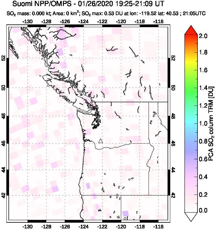 A sulfur dioxide image over Cascade Range, USA on Jan 26, 2020.
