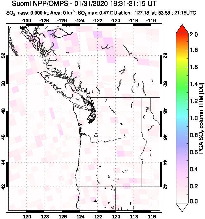 A sulfur dioxide image over Cascade Range, USA on Jan 31, 2020.