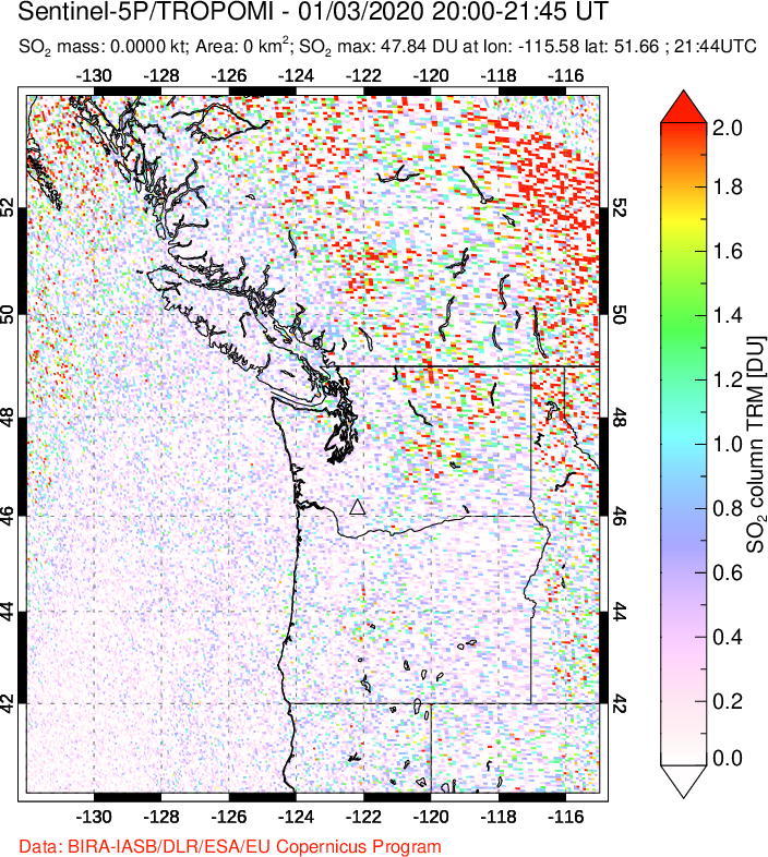 A sulfur dioxide image over Cascade Range, USA on Jan 03, 2020.