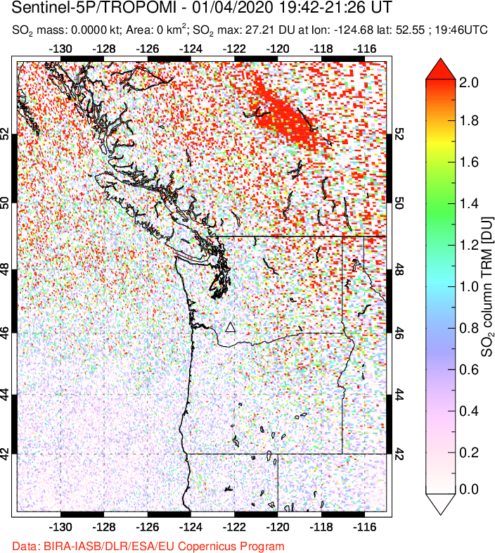 A sulfur dioxide image over Cascade Range, USA on Jan 04, 2020.