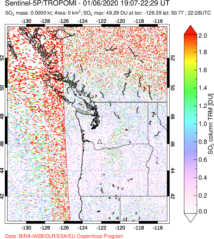 A sulfur dioxide image over Cascade Range, USA on Jan 06, 2020.