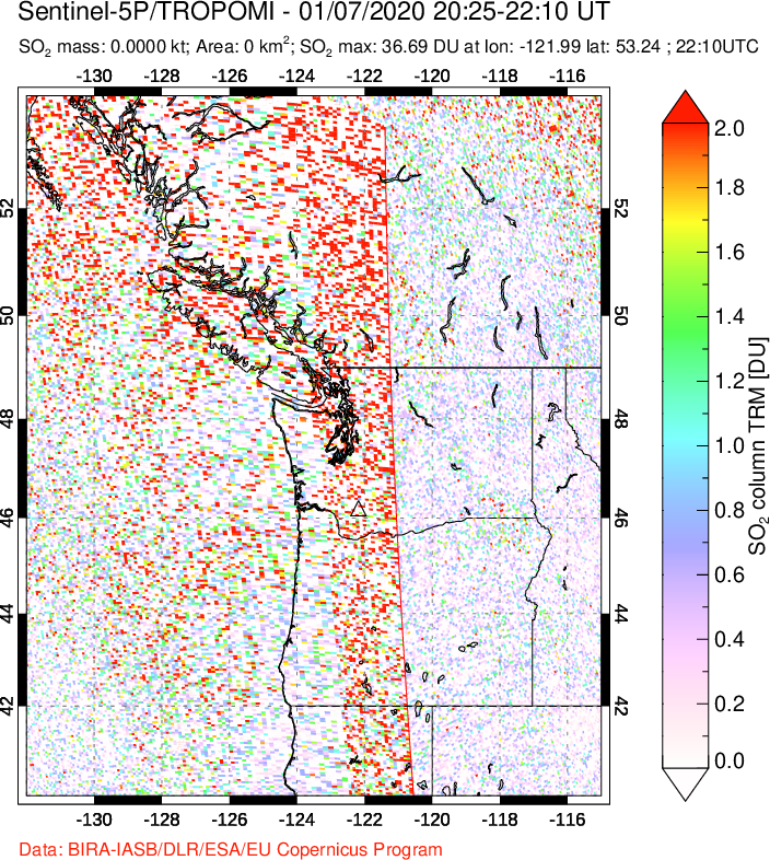 A sulfur dioxide image over Cascade Range, USA on Jan 07, 2020.