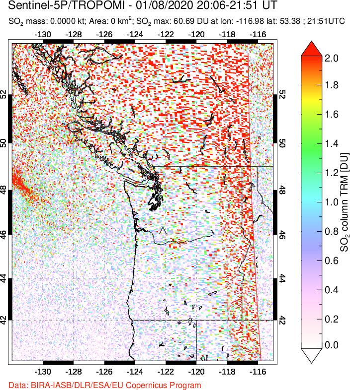 A sulfur dioxide image over Cascade Range, USA on Jan 08, 2020.