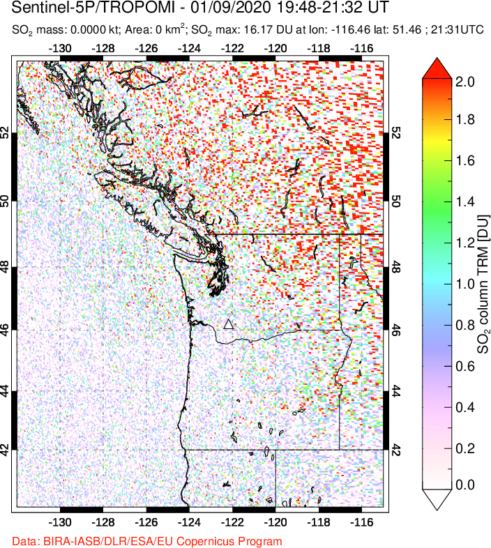 A sulfur dioxide image over Cascade Range, USA on Jan 09, 2020.