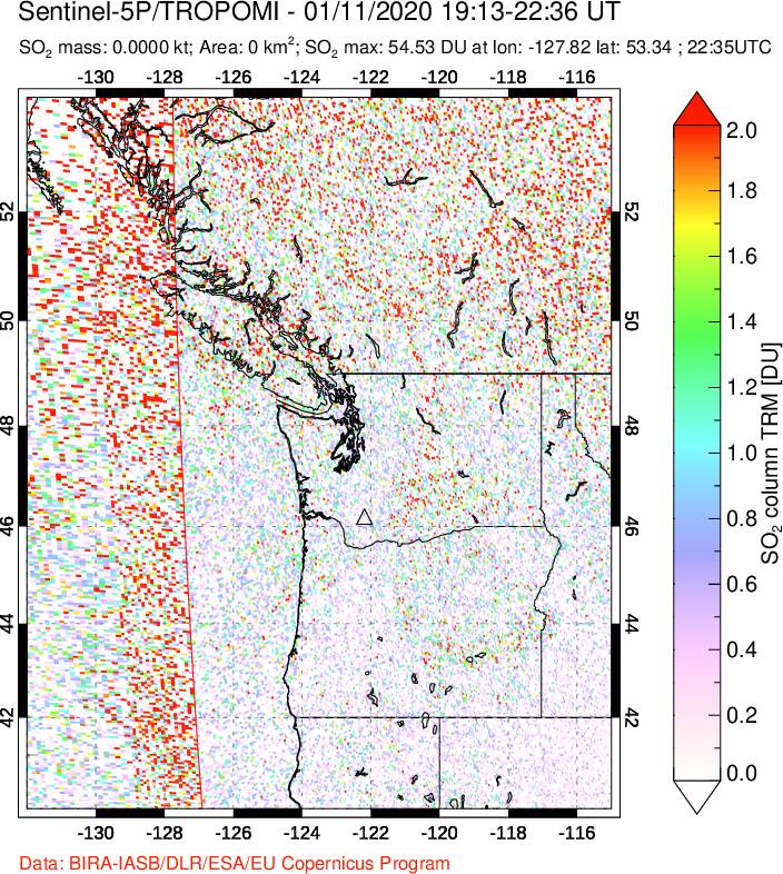 A sulfur dioxide image over Cascade Range, USA on Jan 11, 2020.
