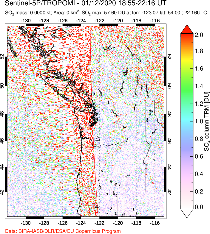 A sulfur dioxide image over Cascade Range, USA on Jan 12, 2020.
