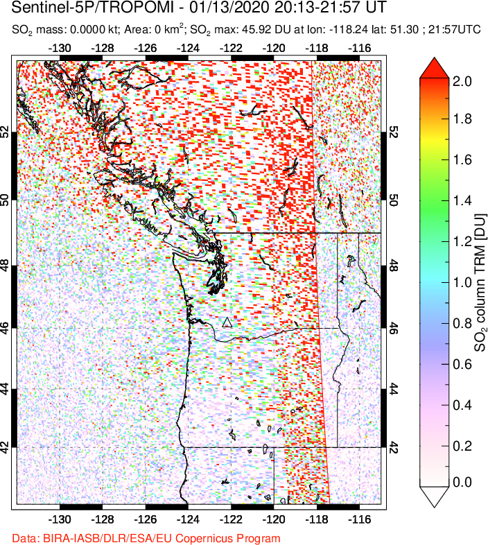 A sulfur dioxide image over Cascade Range, USA on Jan 13, 2020.
