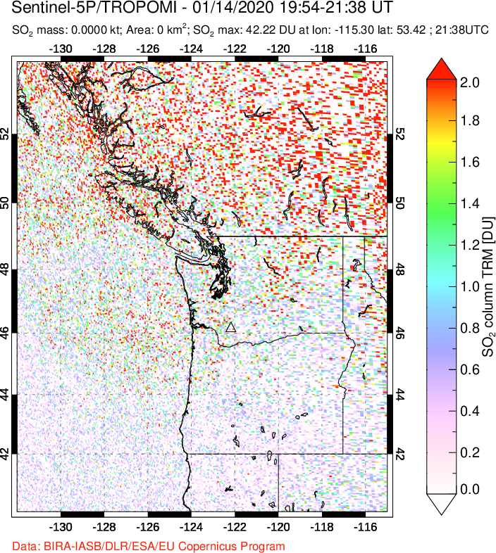 A sulfur dioxide image over Cascade Range, USA on Jan 14, 2020.