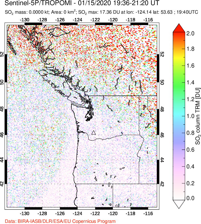 A sulfur dioxide image over Cascade Range, USA on Jan 15, 2020.