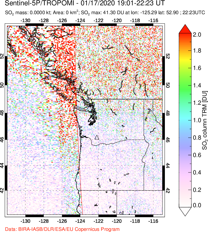 A sulfur dioxide image over Cascade Range, USA on Jan 17, 2020.