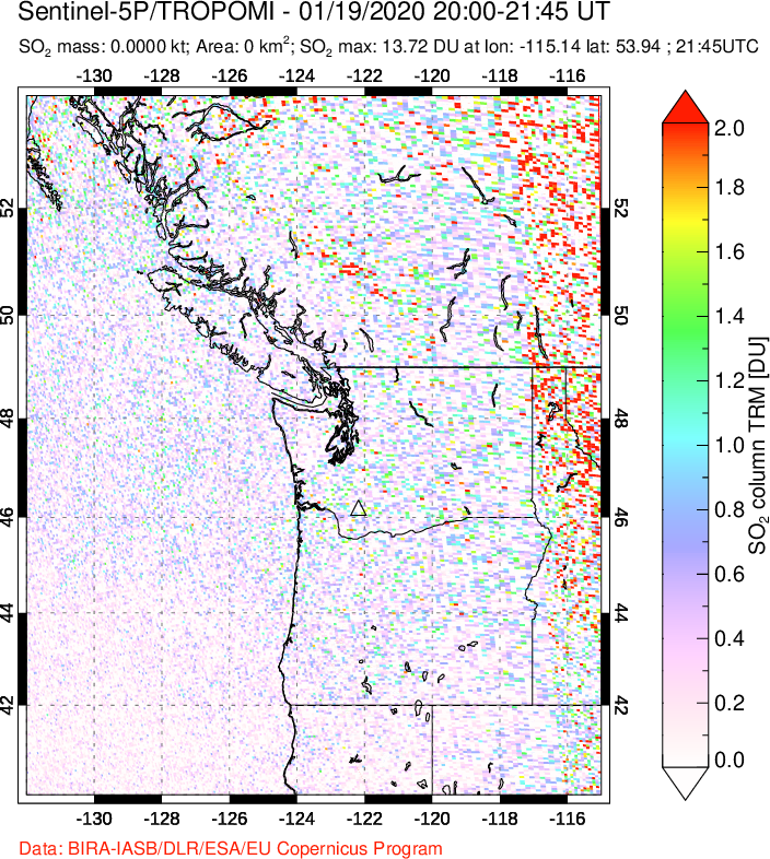 A sulfur dioxide image over Cascade Range, USA on Jan 19, 2020.